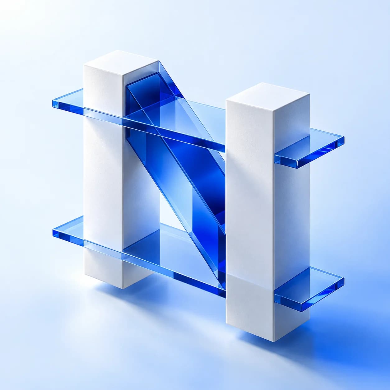 A sculptural N built from white ceramic pillars and interconnected cobalt glass planes