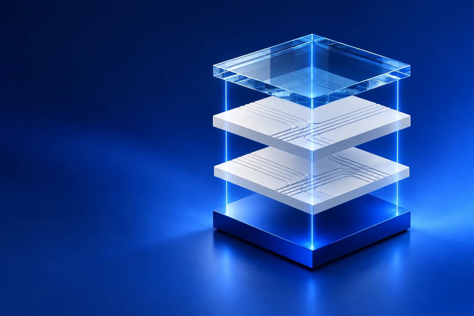Exploded architecture of four connected glass and ceramic layers floating above a cobalt foundation